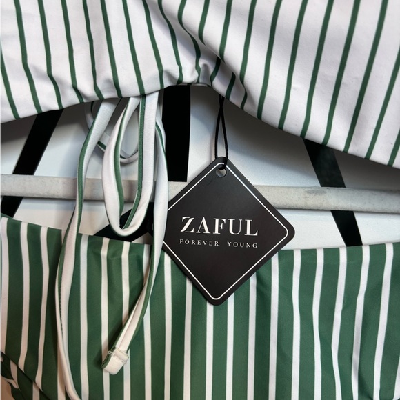 NWT ZAFUL Tie Back Bralette Bikini Set High Cut White Green Stripe XL - Picture 8 of 13